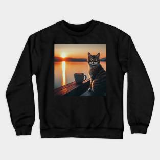 funny cat watching sunset with coffee, funny cats and coffee, cats lover Crewneck Sweatshirt